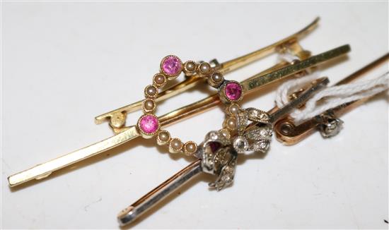 4 gem set gold bar brooches